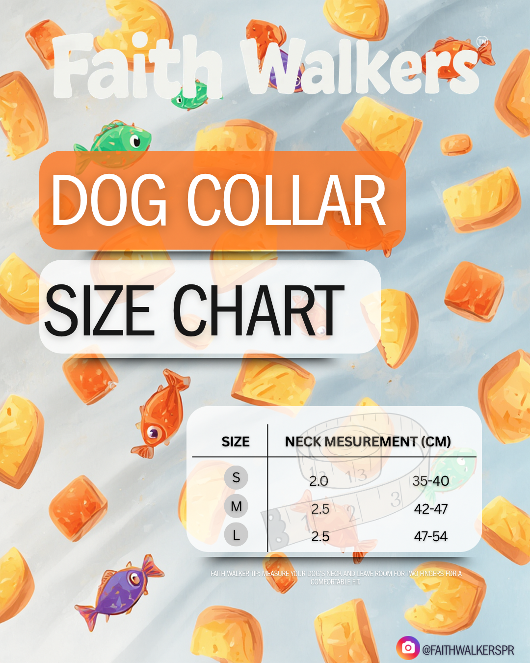 Loaves and Fishes collar size chart: S neck 35–40 cm, M 42–47 cm, L 47–54 cm. Leave room for two fingers.