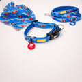 Blue Moses and the Red Sea dog collar, leash and matching bandana with Moses and wave patterns on a white background.