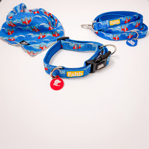 Blue Moses and the Red Sea dog collar, leash and matching bandana with Moses and wave patterns on a white background.