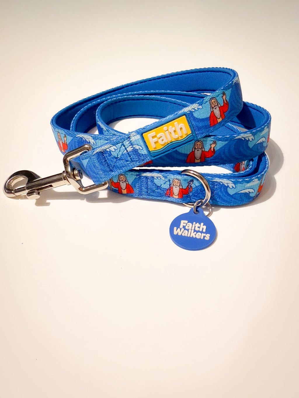 Blue Moses and the Red Sea leash with a padded handle, silver clasp, yellow Faith patch and blue Faith Walkers tag.