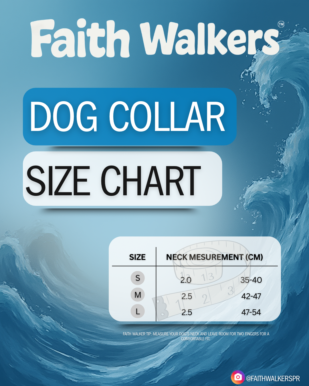 Moses and the Red Sea collar size chart: S neck 35–40 cm, M 42–47 cm, L 47–54 cm. Leave room for two fingers.