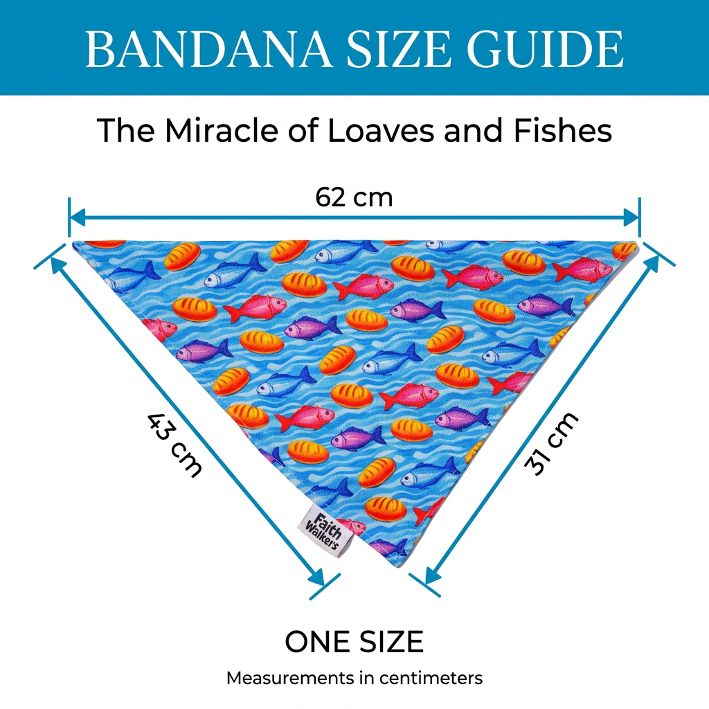 Faith Walkers The Miracle of Loaves and Fishes triangular bandana size guide with side measurements of 62 cm, 43 cm, and 31 cm.