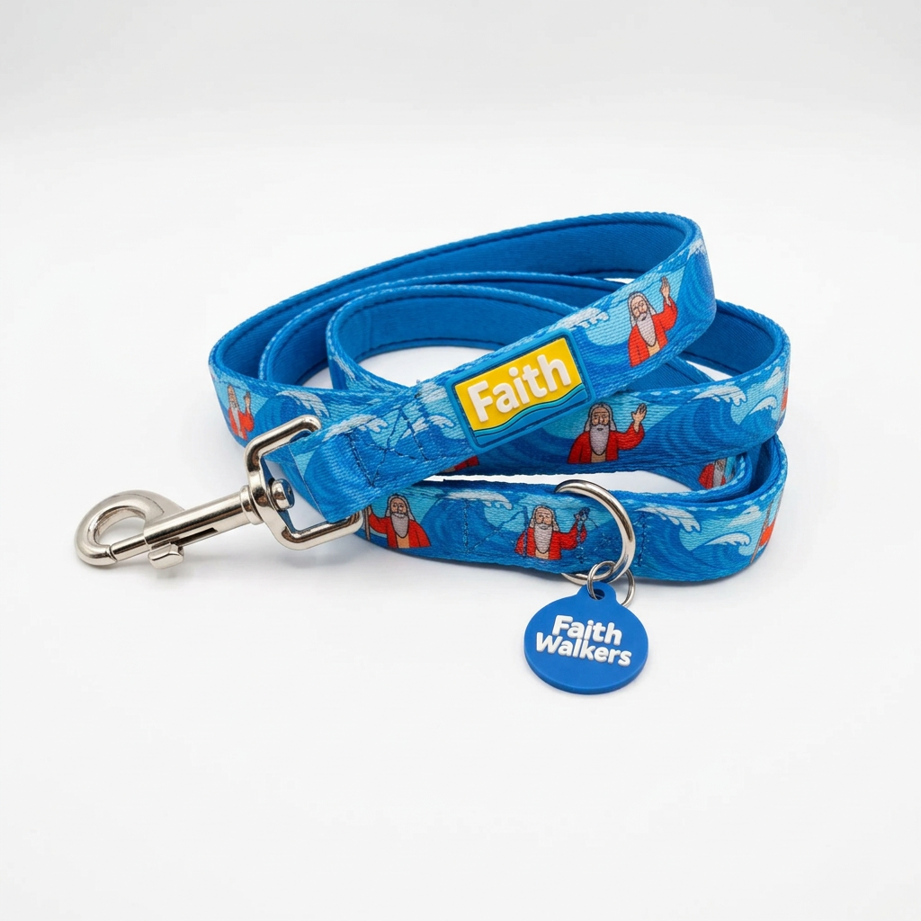 Blue Moses and the Red Sea dog leash on a white background